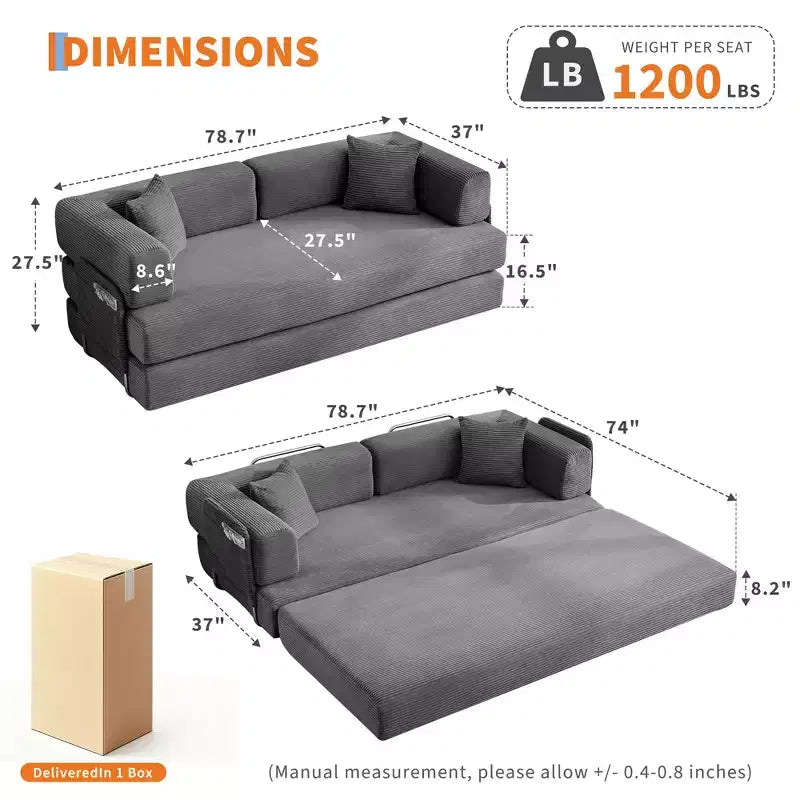 Canapé-lit convertible modulable en velours côtelé de 78,7 po avec oreiller, accoudoirs et dossier – peu encombrant, multiposition