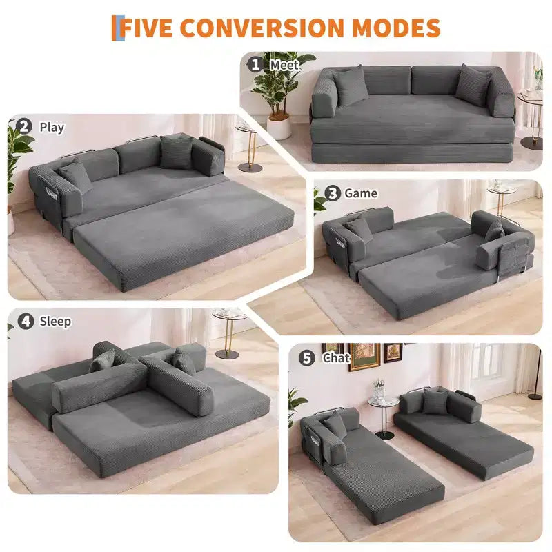 Canapé-lit convertible modulable en velours côtelé de 78,7 po avec oreiller, accoudoirs et dossier – peu encombrant, multiposition