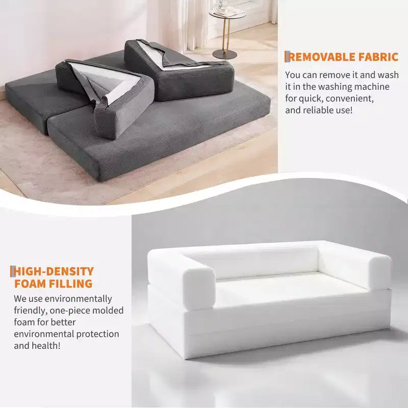 Canapé-lit convertible modulable en velours côtelé de 78,7 po avec oreiller, accoudoirs et dossier – peu encombrant, multiposition