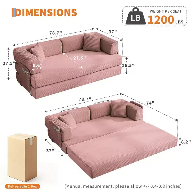Canapé-lit convertible modulable en velours côtelé de 78,7 po avec oreiller, accoudoirs et dossier – peu encombrant, multiposition