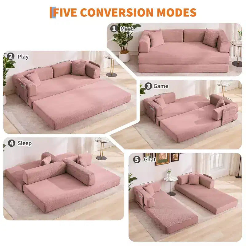 Canapé-lit convertible modulable en velours côtelé de 78,7 po avec oreiller, accoudoirs et dossier – peu encombrant, multiposition