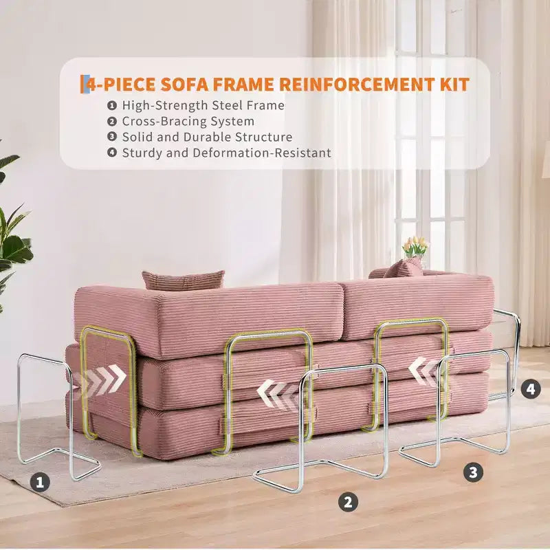 Canapé-lit convertible modulable en velours côtelé de 78,7 po avec oreiller, accoudoirs et dossier – peu encombrant, multiposition