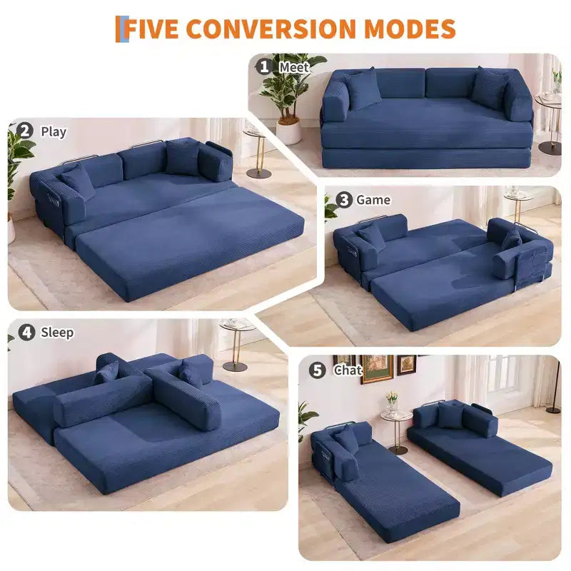 Canapé-lit convertible modulable en velours côtelé de 78,7 po avec oreiller, accoudoirs et dossier – peu encombrant, multiposition