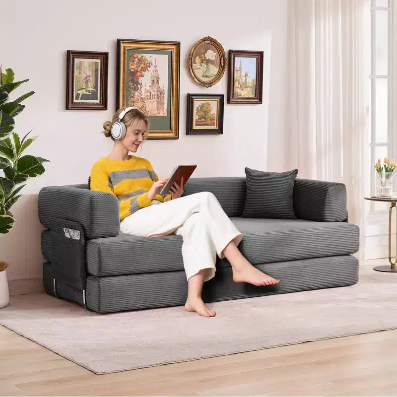 Canapé-lit convertible modulable en velours côtelé de 78,7 po avec oreiller, accoudoirs et dossier – peu encombrant, multiposition