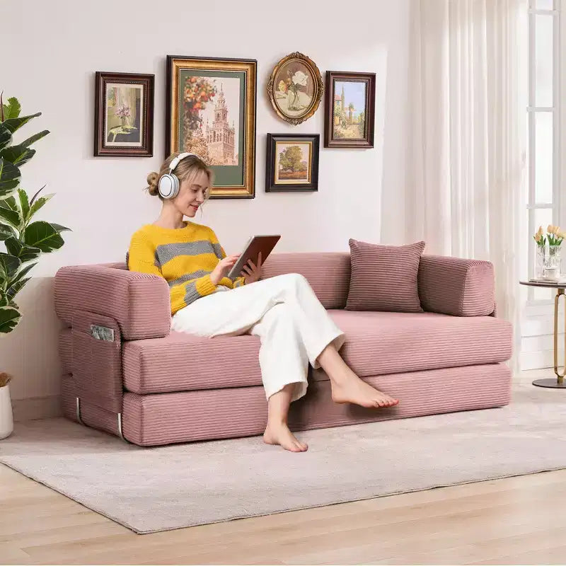 Canapé-lit convertible modulable en velours côtelé de 78,7 po avec oreiller, accoudoirs et dossier – peu encombrant, multiposition