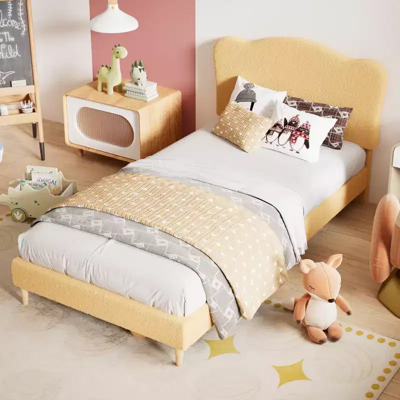 Full Upholstered Bed Frame with Headboard  Fleece Fabric, Wood Slats, No Box Spring, Metal Platform for Kids & Adults