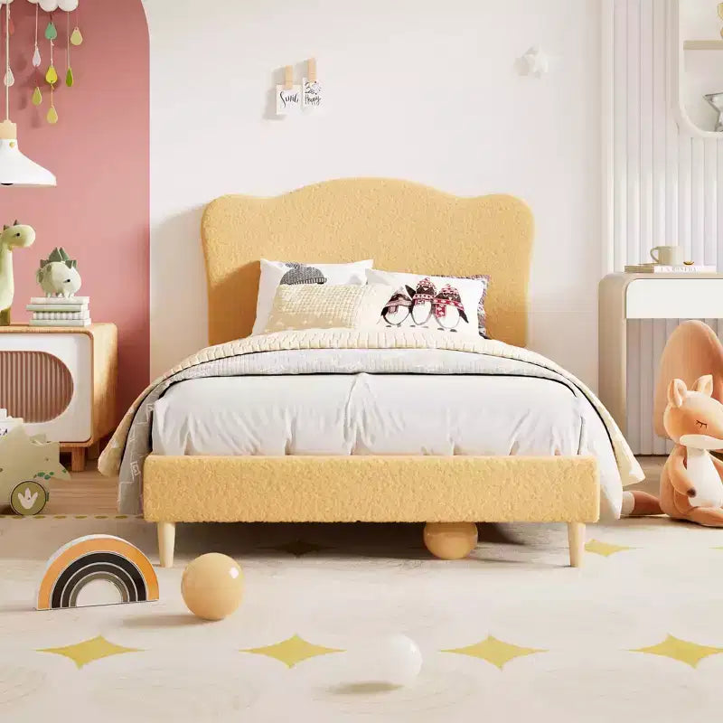 Cadre de lit entièrement tapissé avec tête de lit Tissu polaire, lattes en bois, pas de sommier à ressorts, plateforme métallique pour enfants et adultes