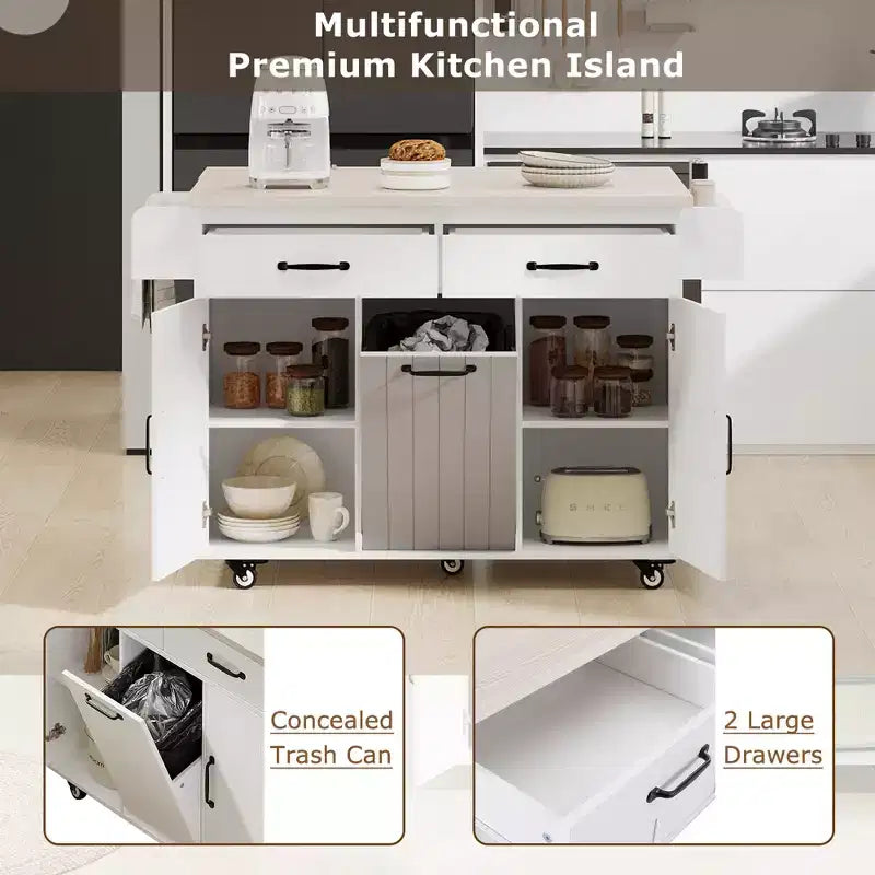 HomyCasa Kitchen Island Cart with Tilt-Out Trash Storage and Rolling Wheels, White