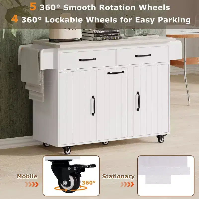 HomyCasa Kitchen Island Cart with Tilt-Out Trash Storage and Rolling Wheels, White