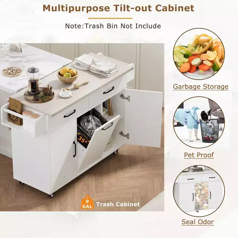 HomyCasa Kitchen Island Cart with Tilt-Out Trash Storage and Rolling Wheels, White