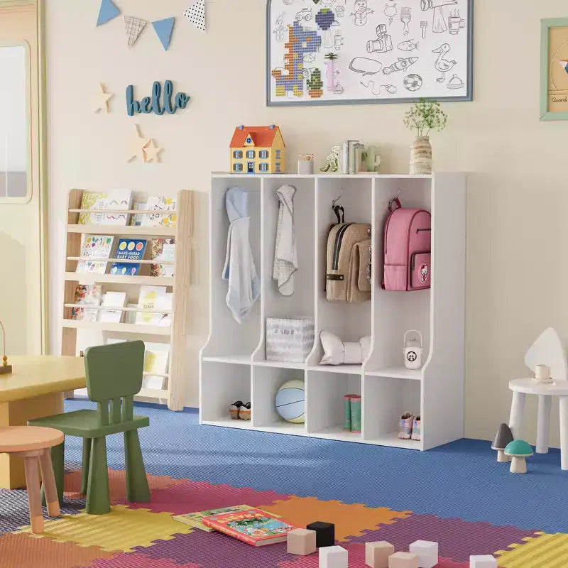 Porte-manteau de classe à 4 sections avec 4 casiers, organisateur de rangement avec 8 crochets pour la maison, la crèche, l'école, la maternelle