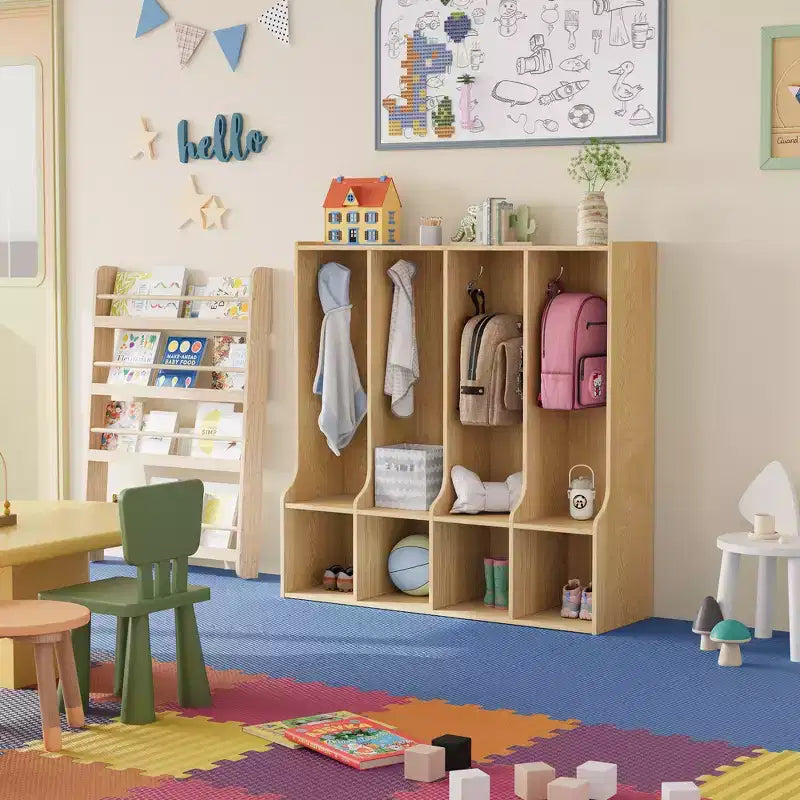 Porte-manteau de classe à 4 sections avec 4 casiers, organisateur de rangement avec 8 crochets pour la maison, la crèche, l'école, la maternelle