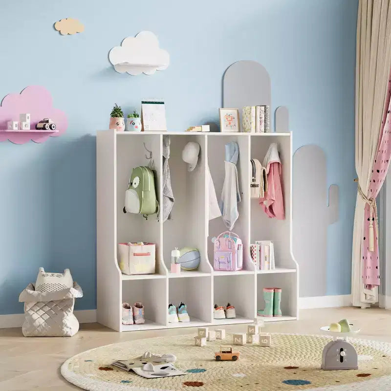 Porte-manteau de classe à 4 sections avec 4 casiers, organisateur de rangement avec 8 crochets pour la maison, la crèche, l'école, la maternelle