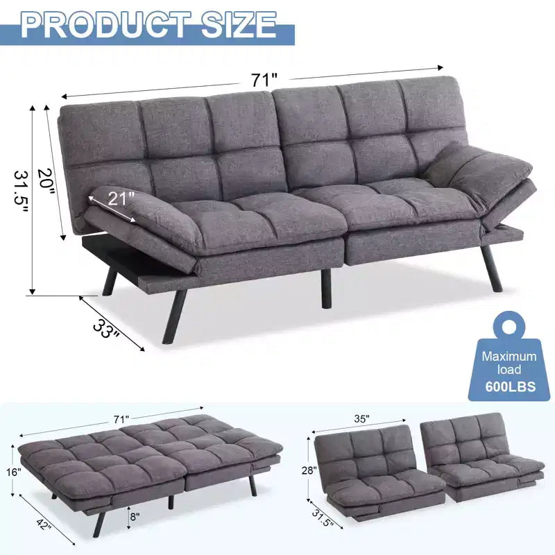 Dyonery Canapé-lit Futon Convertible 71", Canapé Futon Confortable, Canapé-lit Inclinable en Mousse à Mémoire de Forme pour Salon, Bureau, Appartement