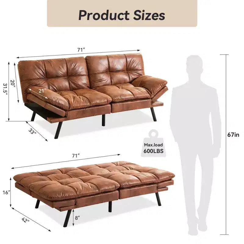 Dyonery Canapé-lit Futon Convertible 71", Canapé Futon Confortable, Canapé-lit Inclinable en Mousse à Mémoire de Forme pour Salon, Bureau, Appartement