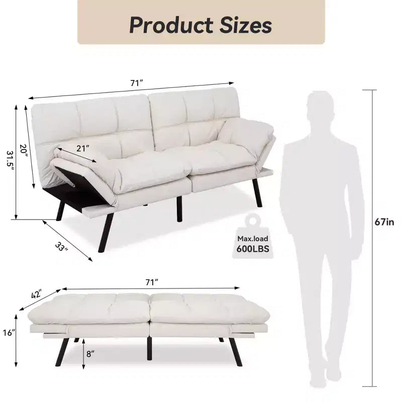 Dyonery Canapé-lit Futon Convertible 71", Canapé Futon Confortable, Canapé-lit Inclinable en Mousse à Mémoire de Forme pour Salon, Bureau, Appartement