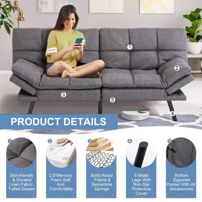 Dyonery Canapé-lit Futon Convertible 71", Canapé Futon Confortable, Canapé-lit Inclinable en Mousse à Mémoire de Forme pour Salon, Bureau, Appartement