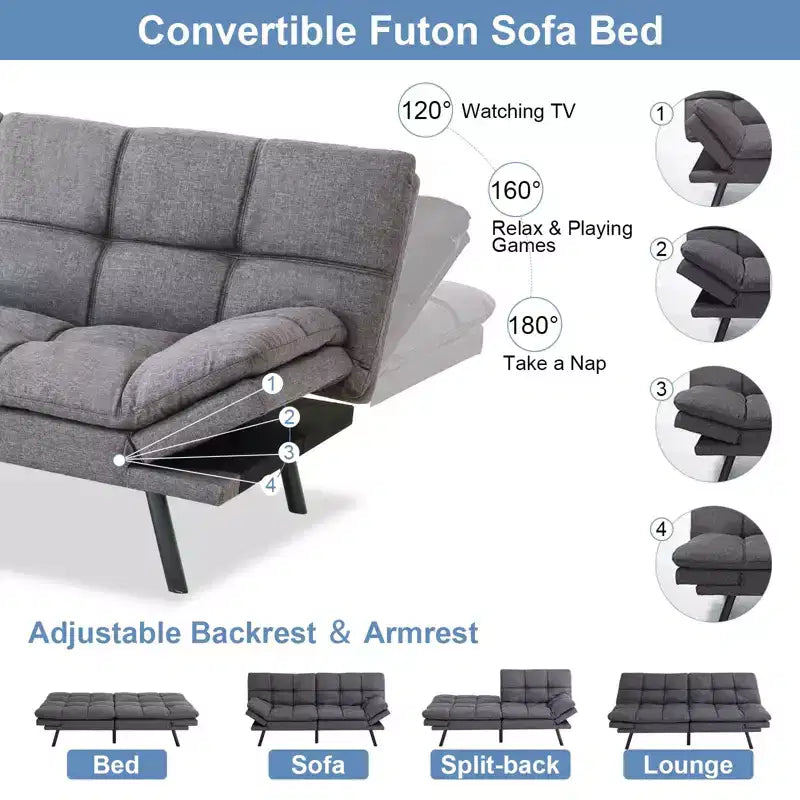 Dyonery Canapé-lit Futon Convertible 71", Canapé Futon Confortable, Canapé-lit Inclinable en Mousse à Mémoire de Forme pour Salon, Bureau, Appartement