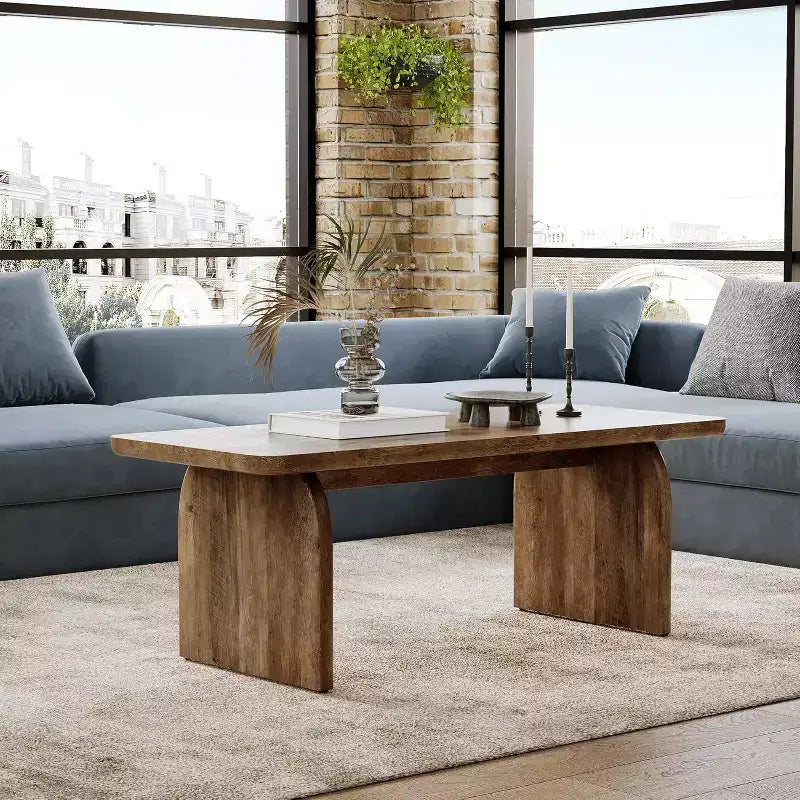 Table basse en bois Lantine Farmhouse de 47 pouces avec coins arrondis, meuble rectangulaire moderne bas pour salon (Marron rustique)