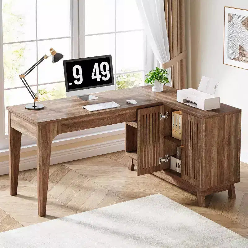 Lantine L-Shaped Desk with Storage Cabinet, 57-Inch Wood Corner Workstation, Home Office Computer Desk, Study Writing Table for Bedroom, Walnut