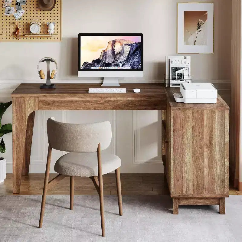 Lantine L-Shaped Desk with Storage Cabinet, 57-Inch Wood Corner Workstation, Home Office Computer Desk, Study Writing Table for Bedroom, Walnut