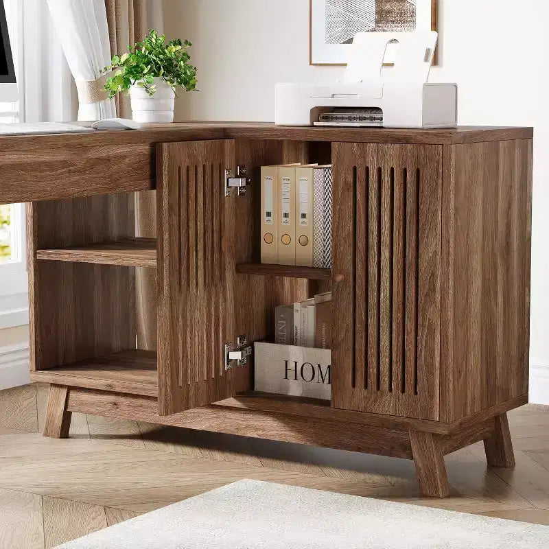 Lantine L-Shaped Desk with Storage Cabinet, 57-Inch Wood Corner Workstation, Home Office Computer Desk, Study Writing Table for Bedroom, Walnut