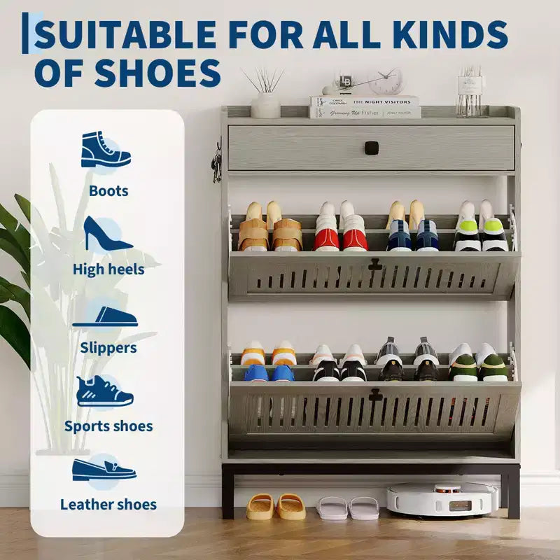 Meuble à chaussures avec 2 tiroirs basculants et 1 grand tiroir, meuble de rangement pour chaussures en bois avec étagère réglable, rangement pour chaussures, meuble à chaussures caché