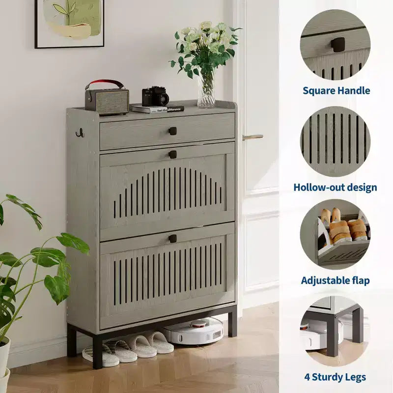 Meuble à chaussures avec 2 tiroirs basculants et 1 grand tiroir, meuble de rangement pour chaussures en bois avec étagère réglable, rangement pour chaussures, meuble à chaussures caché
