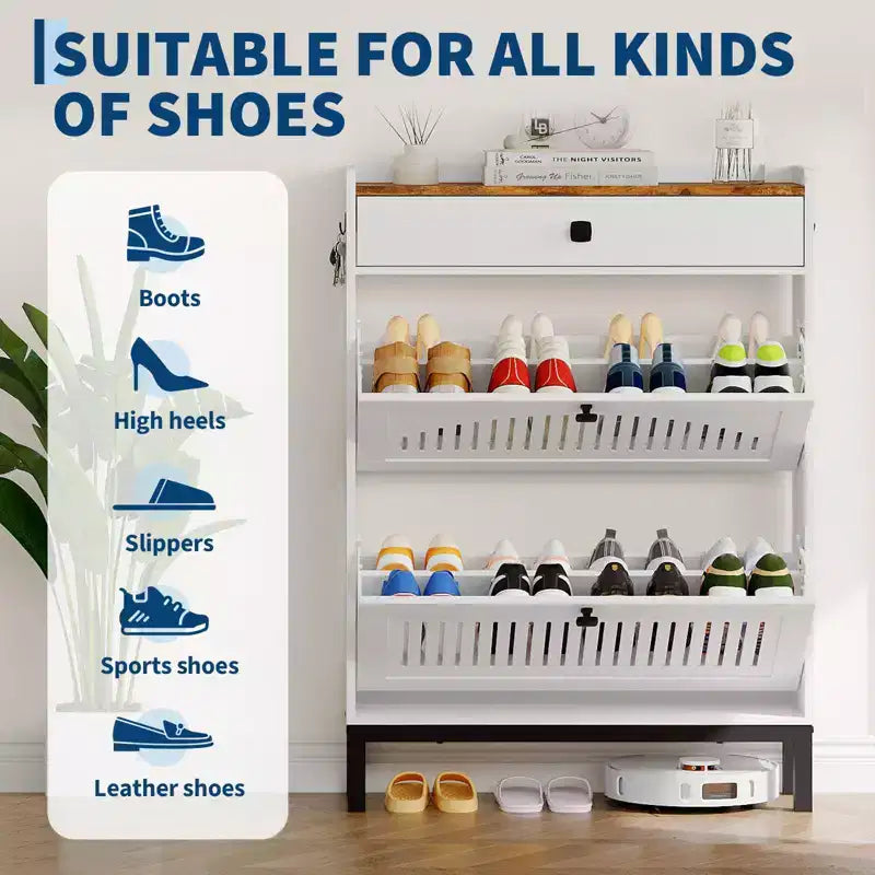 Meuble à chaussures avec 2 tiroirs basculants et 1 grand tiroir, meuble de rangement pour chaussures en bois avec étagère réglable, rangement pour chaussures, meuble à chaussures caché