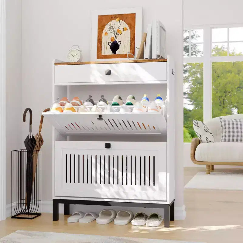Meuble à chaussures avec 2 tiroirs basculants et 1 grand tiroir, meuble de rangement pour chaussures en bois avec étagère réglable, rangement pour chaussures, meuble à chaussures caché