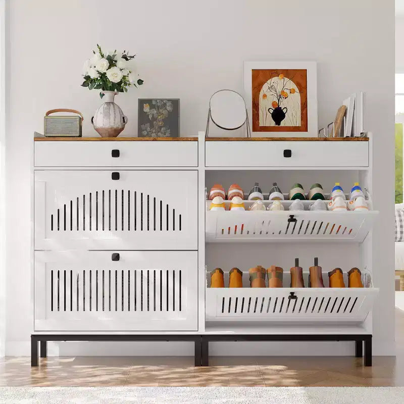 Meuble à chaussures avec 2 tiroirs basculants et 1 grand tiroir, meuble de rangement pour chaussures en bois avec étagère réglable, rangement pour chaussures, meuble à chaussures caché