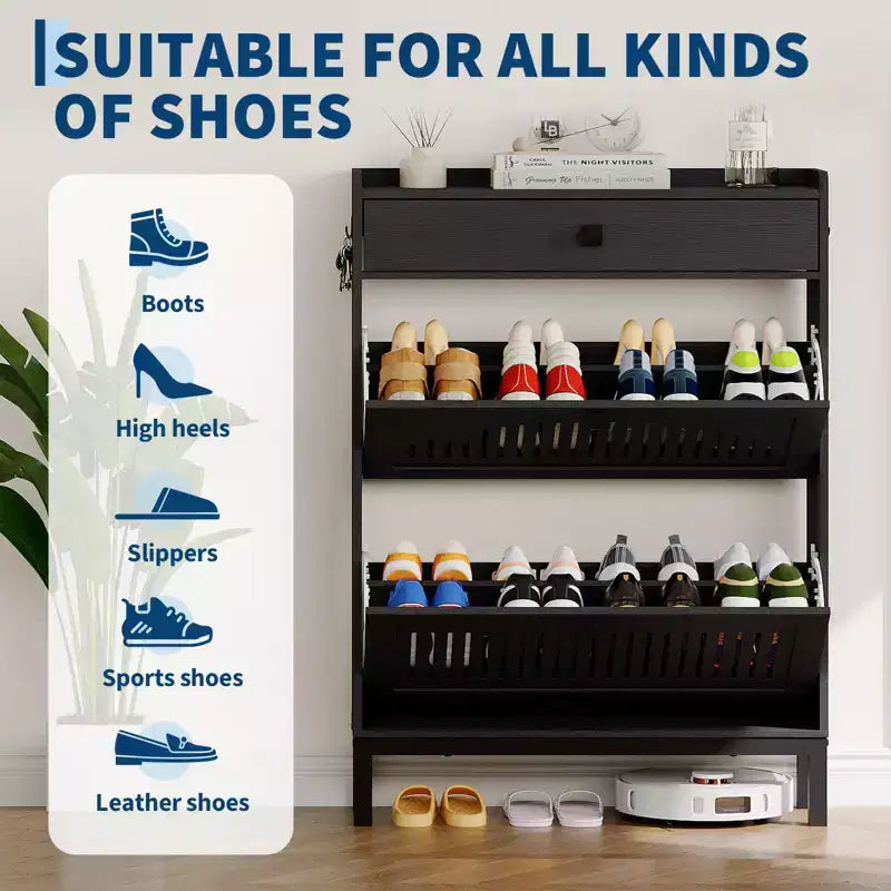 Meuble à chaussures avec 2 tiroirs basculants et 1 grand tiroir, meuble de rangement pour chaussures en bois avec étagère réglable, rangement pour chaussures, meuble à chaussures caché