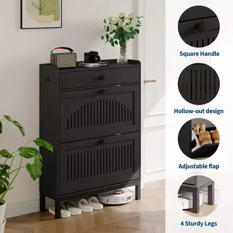 Meuble à chaussures avec 2 tiroirs basculants et 1 grand tiroir, meuble de rangement pour chaussures en bois avec étagère réglable, rangement pour chaussures, meuble à chaussures caché