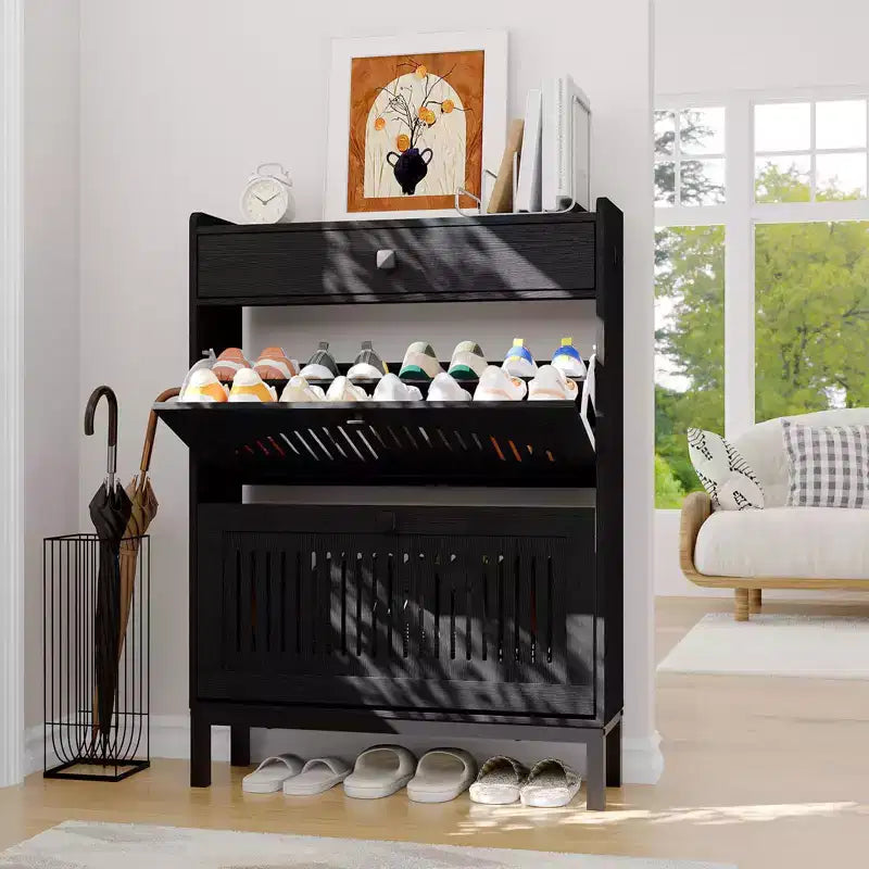 Meuble à chaussures avec 2 tiroirs basculants et 1 grand tiroir, meuble de rangement pour chaussures en bois avec étagère réglable, rangement pour chaussures, meuble à chaussures caché