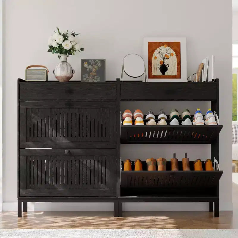 Meuble à chaussures avec 2 tiroirs basculants et 1 grand tiroir, meuble de rangement pour chaussures en bois avec étagère réglable, rangement pour chaussures, meuble à chaussures caché