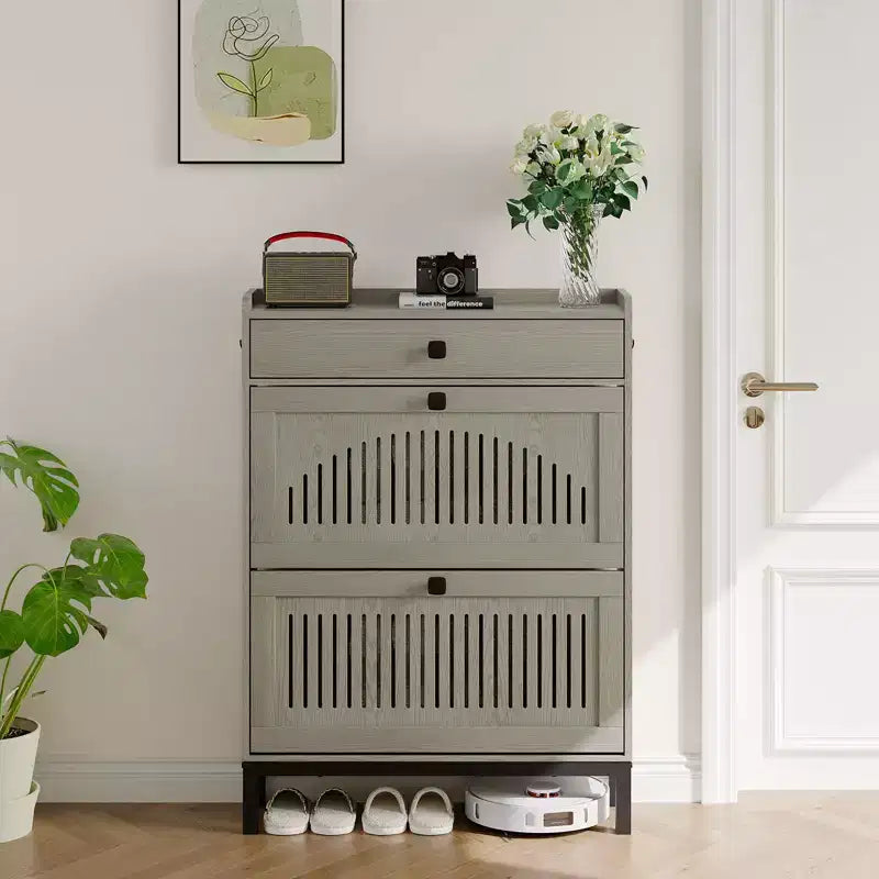 Meuble à chaussures avec 2 tiroirs basculants et 1 grand tiroir, meuble de rangement pour chaussures en bois avec étagère réglable, rangement pour chaussures, meuble à chaussures caché