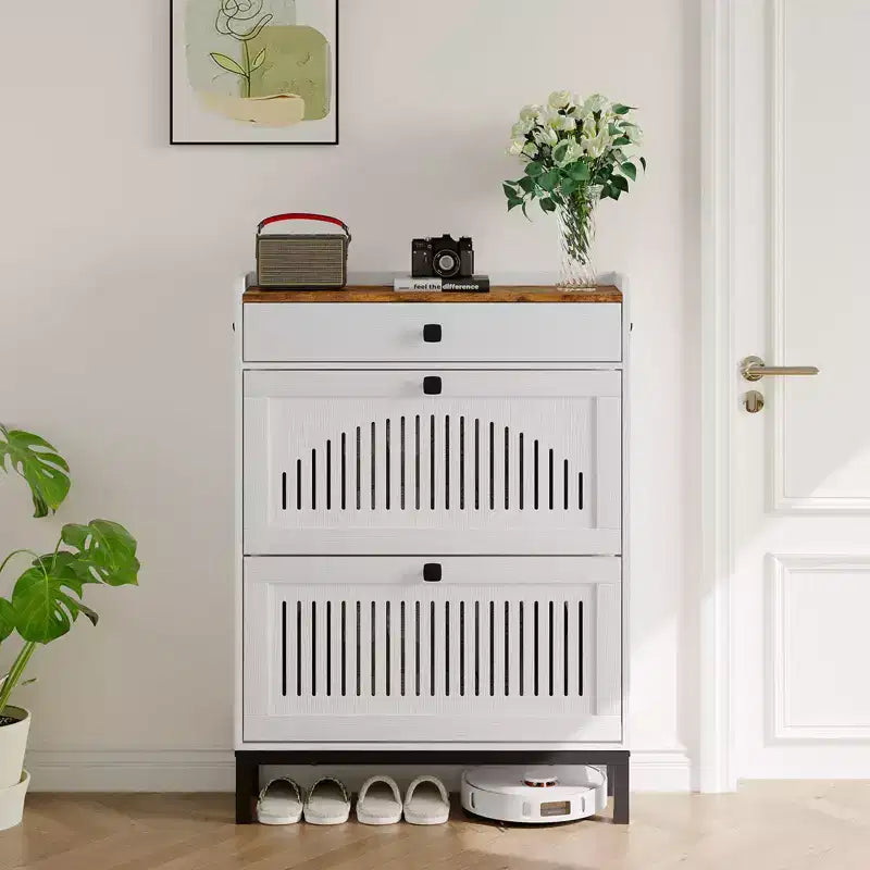 Meuble à chaussures avec 2 tiroirs basculants et 1 grand tiroir, meuble de rangement pour chaussures en bois avec étagère réglable, rangement pour chaussures, meuble à chaussures caché