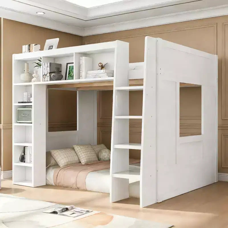 Luxystar Queen Wood Loft Bed with 8 Storage Shelves for Apartment
