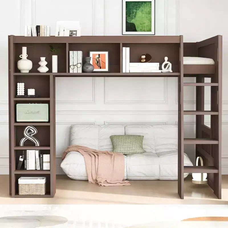 Luxystar Queen Wood Loft Bed with 8 Storage Shelves for Apartment