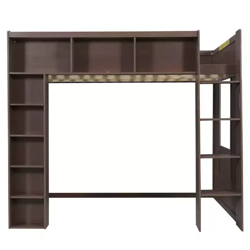 Luxystar Queen Wood Loft Bed with 8 Storage Shelves for Apartment