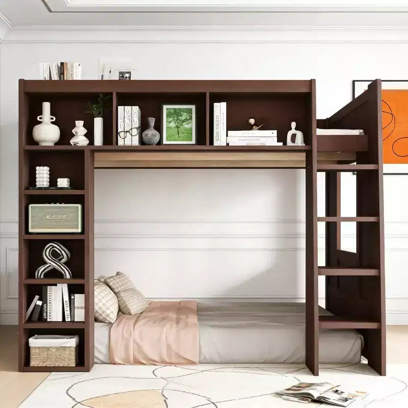 Luxystar Queen Wood Loft Bed with 8 Storage Shelves for Apartment