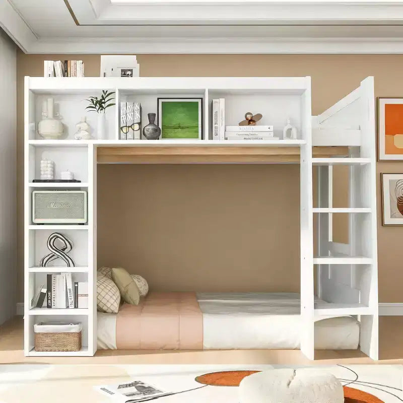 Luxystar Queen Wood Loft Bed with 8 Storage Shelves for Apartment