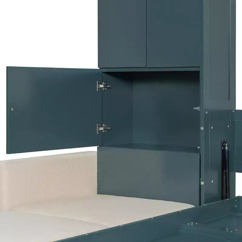 Whisen Queen Murphy Bed Wall Bed & Bed Frame with Beige Sofa and Shelves, Green Panel