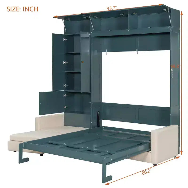 Whisen Queen Murphy Bed Wall Bed & Bed Frame with Beige Sofa and Shelves, Green Panel
