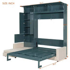 Whisen Queen Murphy Bed Wall Bed & Bed Frame with Beige Sofa and Shelves, Green Panel