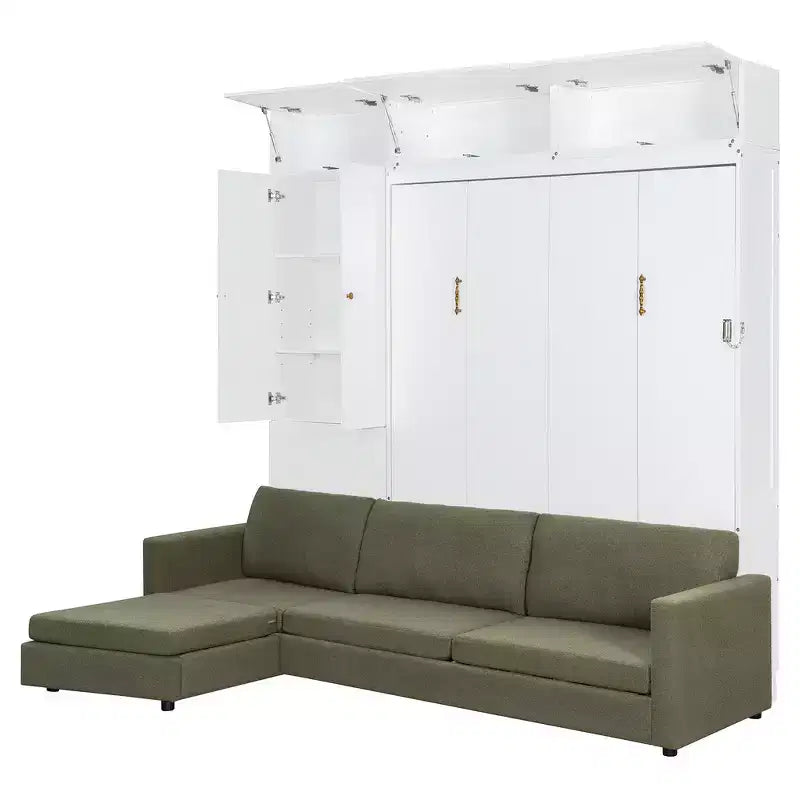 Whisen Queen Murphy Bed Wall Bed & Bed Frame with Beige Sofa and Shelves, Green Panel