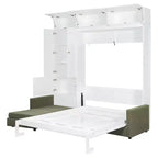 Whisen Queen Murphy Bed Wall Bed & Bed Frame with Beige Sofa and Shelves, Green Panel