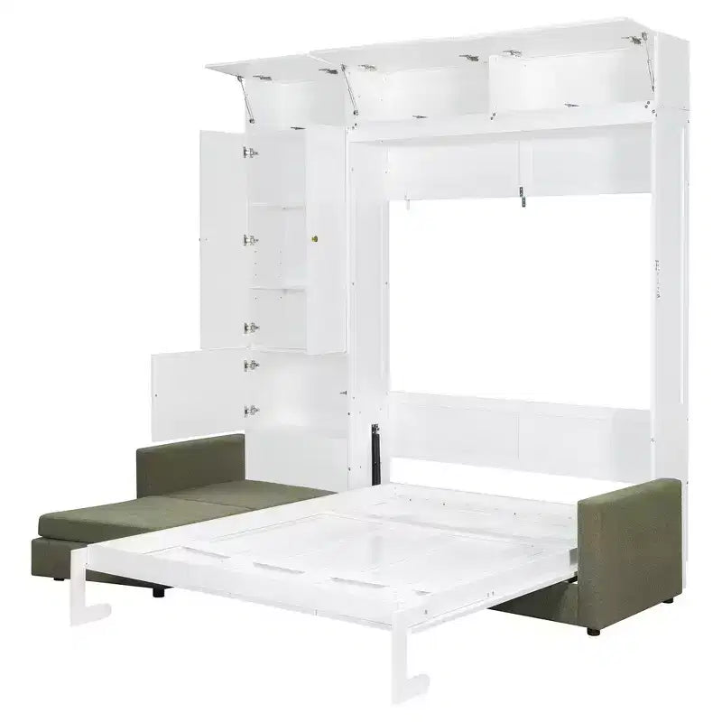 Whisen Queen Murphy Bed Wall Bed & Bed Frame with Beige Sofa and Shelves, Green Panel