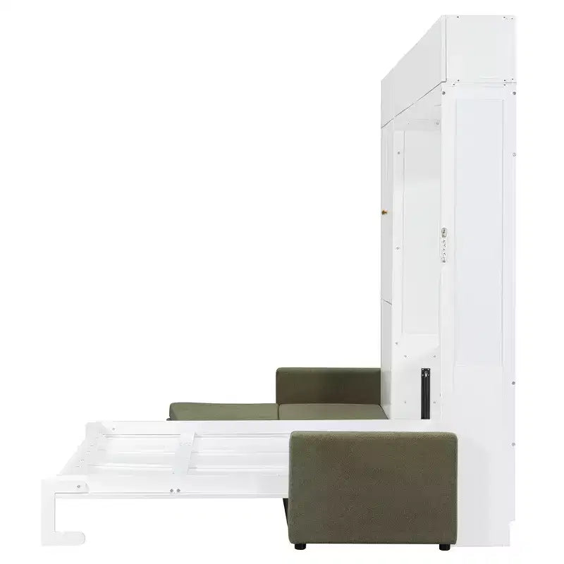 Whisen Queen Murphy Bed Wall Bed & Bed Frame with Beige Sofa and Shelves, Green Panel