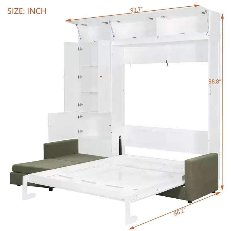Whisen Queen Murphy Bed Wall Bed & Bed Frame with Beige Sofa and Shelves, Green Panel